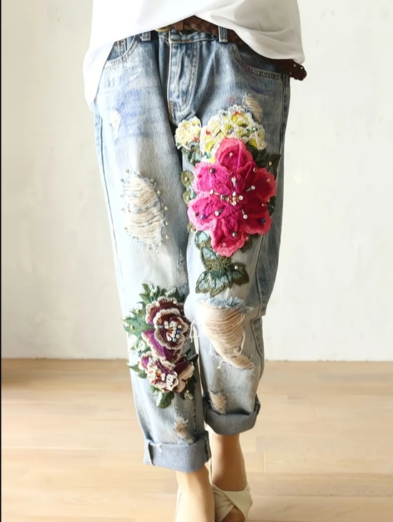 Denim - Light Wash Women's Jeans with Pink Floral Applique